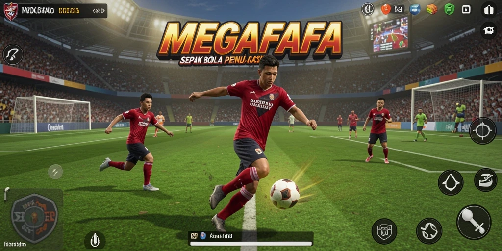 Tangkapan layar utama MEGAFAFA menampilkan aksi seru di lapangan sepak bola.