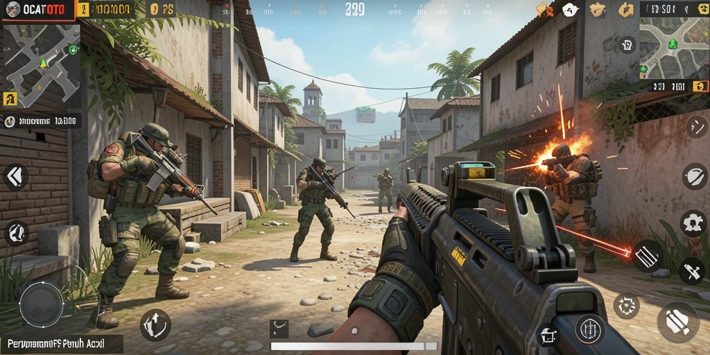 Screenshot gameplay OCATOTO menampilkan aksi tembak-menembak yang seru.