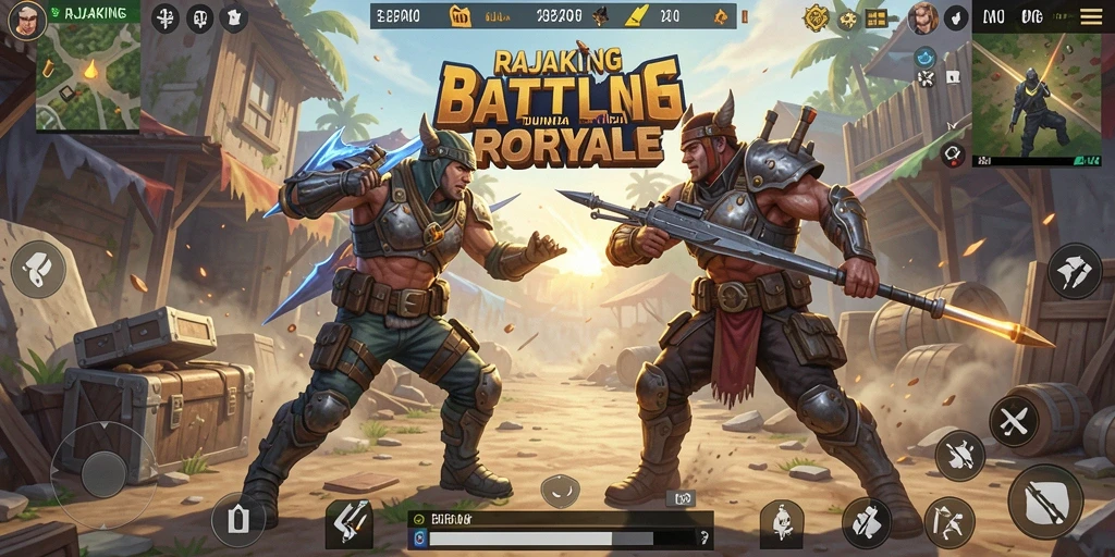 Tampilan gameplay epik, pemain bertarung di arena luas.